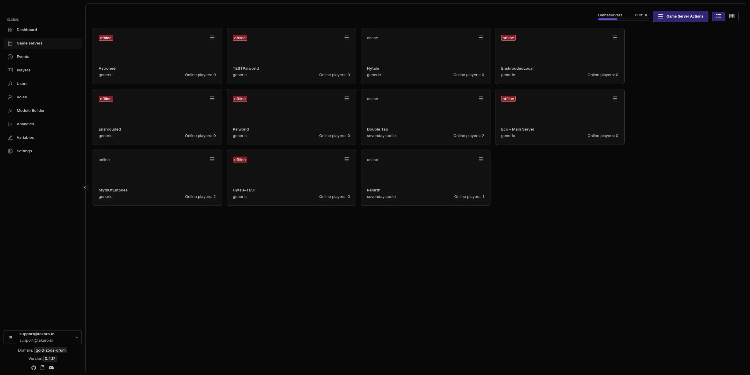 Takaro game servers overview showing multiple Minecraft servers with player counts and status
