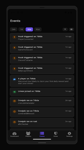Takaro mobile app command interface for game server management