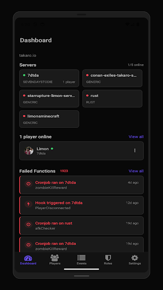 Takaro mobile app showing game server dashboard on Android