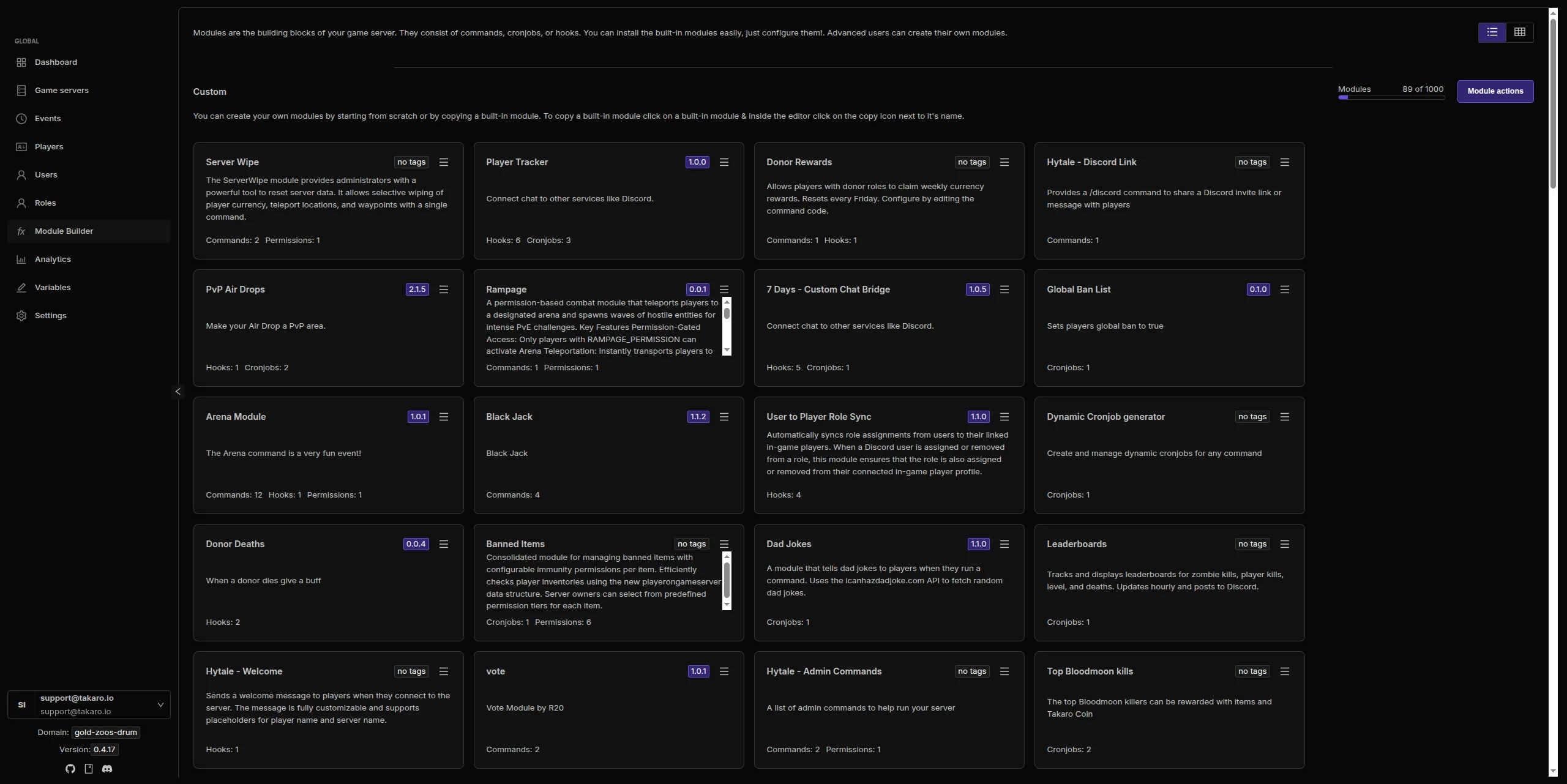 Takaro module library showing available modules for Minecraft servers