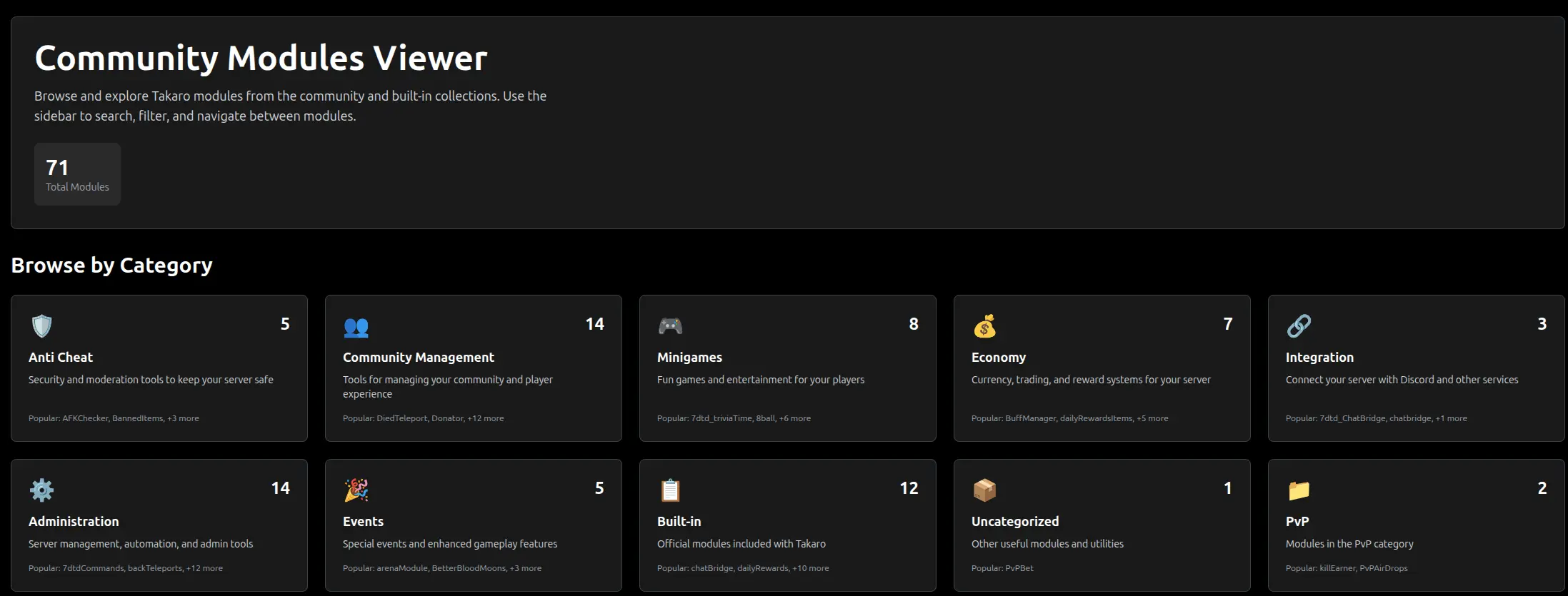 Takaro community modules viewer showing 71 modules across categories like Anti Cheat, Economy, and Administration