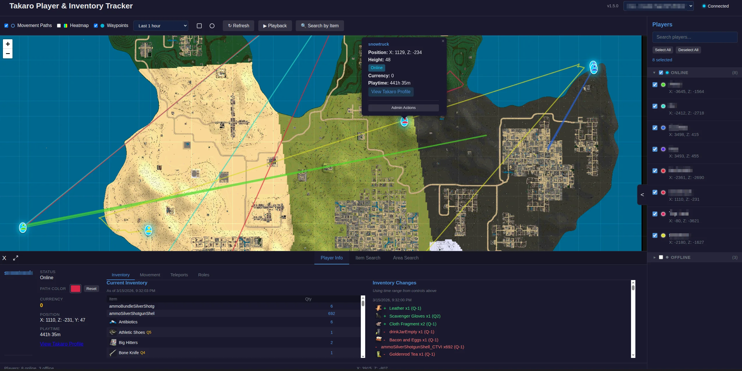 Takaro tracking map showing real-time player positions and inventory for 7 Days to Die